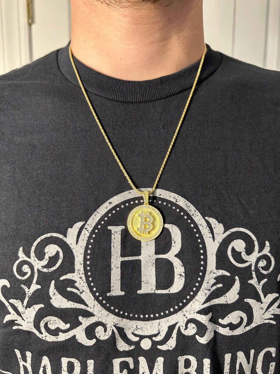 Real 925 Silver 14K Gold Plated Iced Letter B BITCOIN CZ Pendant Necklace HipHop