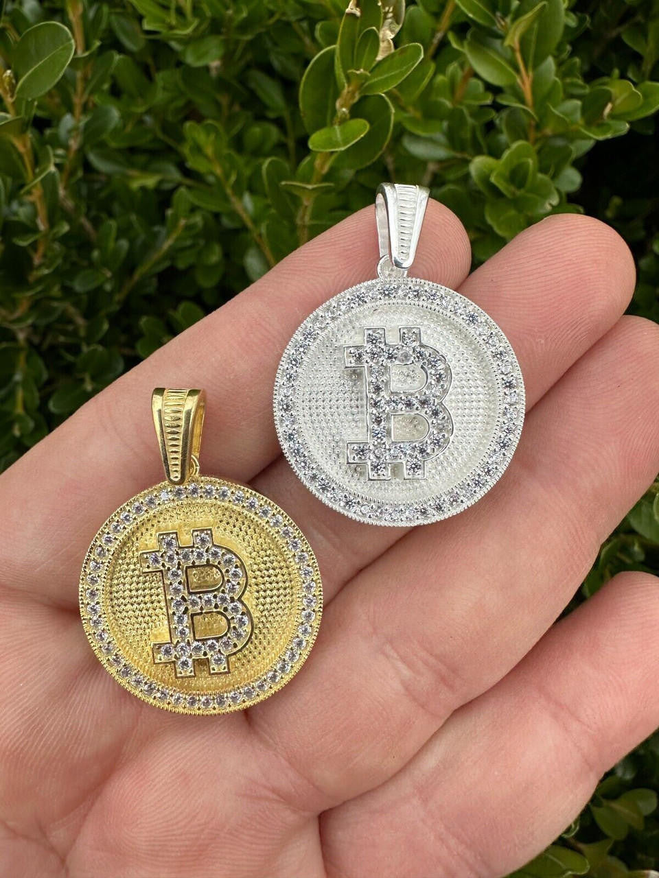 Real 925 Silver 14K Gold Plated Iced Letter B BITCOIN CZ Pendant Necklace HipHop