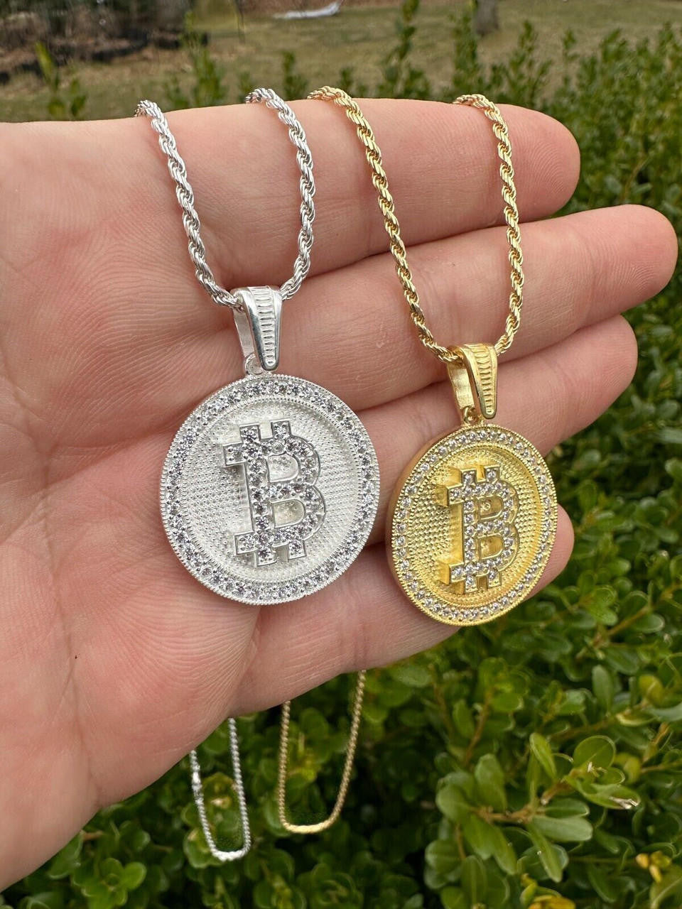 Real 925 Silver 14K Gold Plated Iced Letter B BITCOIN CZ Pendant Necklace HipHop