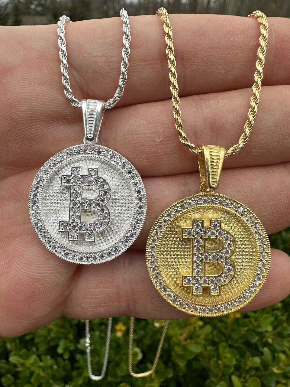 Real 925 Silver 14K Gold Plated Iced Letter B BITCOIN CZ Pendant Necklace HipHop