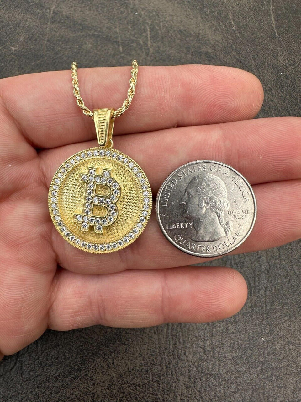 Real 925 Silver 14K Gold Plated Iced Letter B BITCOIN CZ Pendant Necklace HipHop