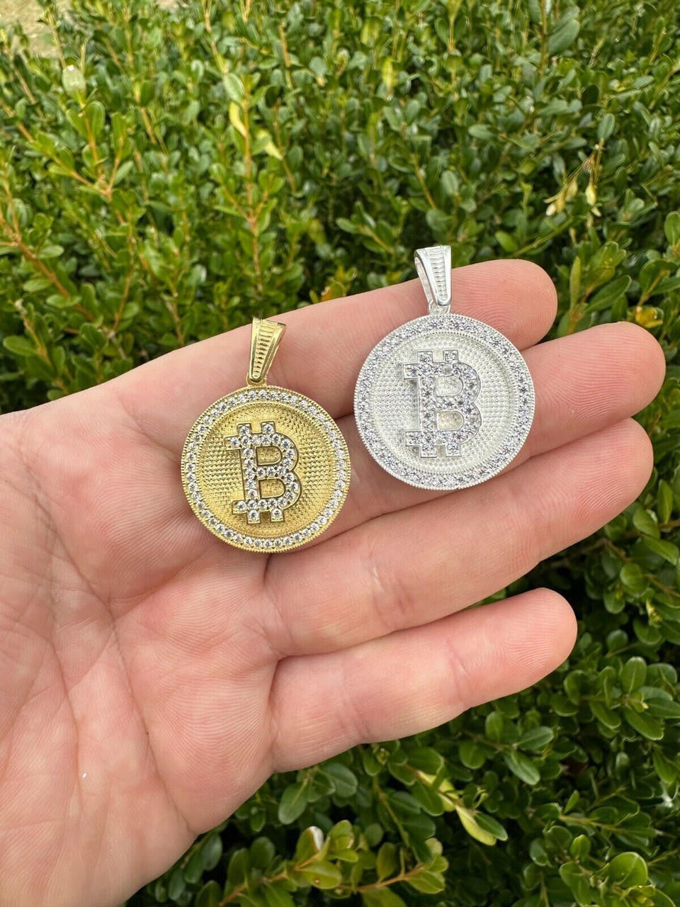 Real 925 Silver 14K Gold Plated Iced Letter B BITCOIN CZ Pendant Necklace HipHop