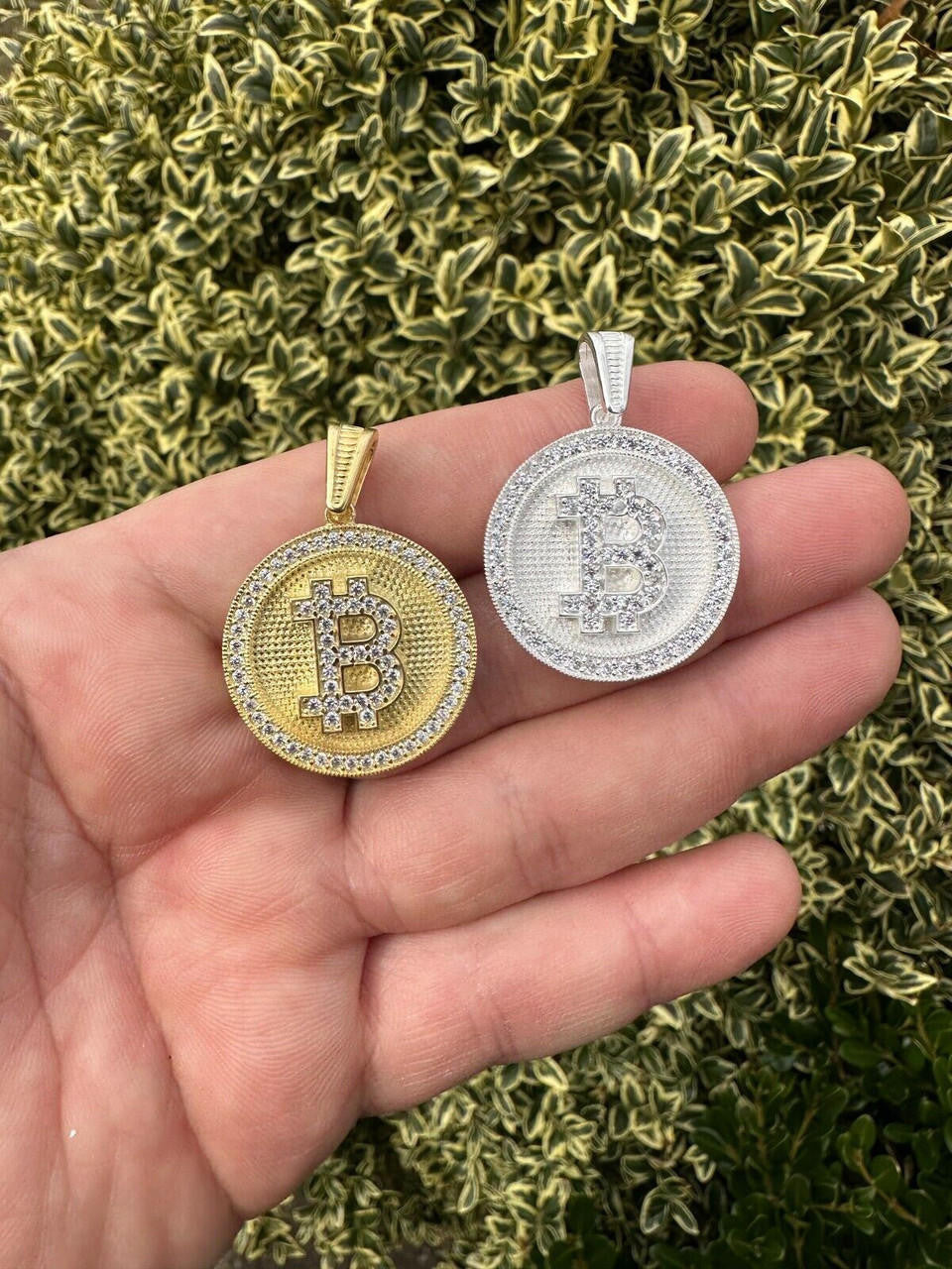 Real 925 Silver 14K Gold Plated Iced Letter B BITCOIN CZ Pendant Necklace HipHop