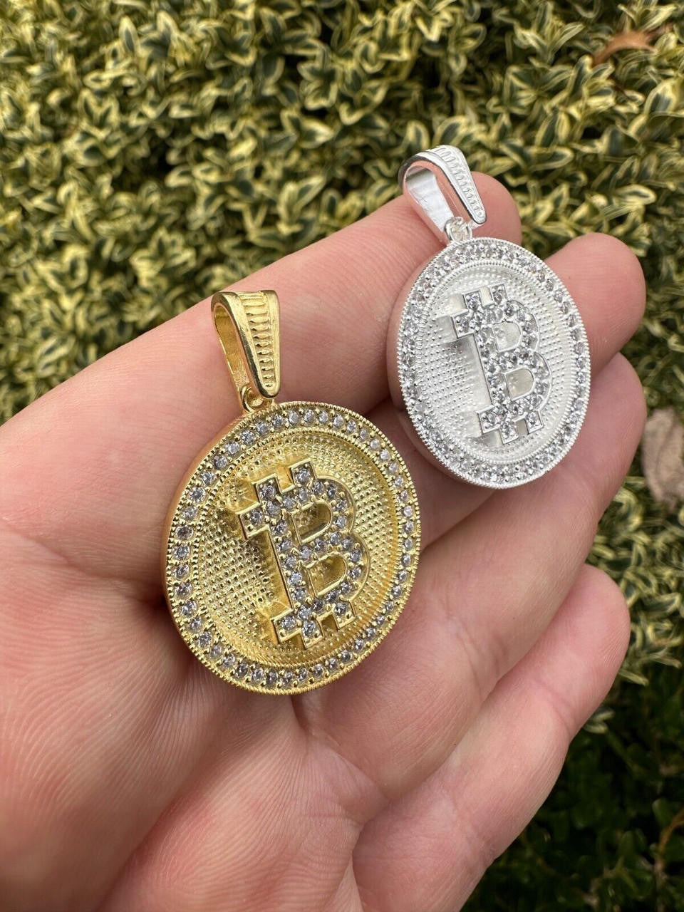 Real 925 Silver 14K Gold Plated Iced Letter B BITCOIN CZ Pendant Necklace HipHop