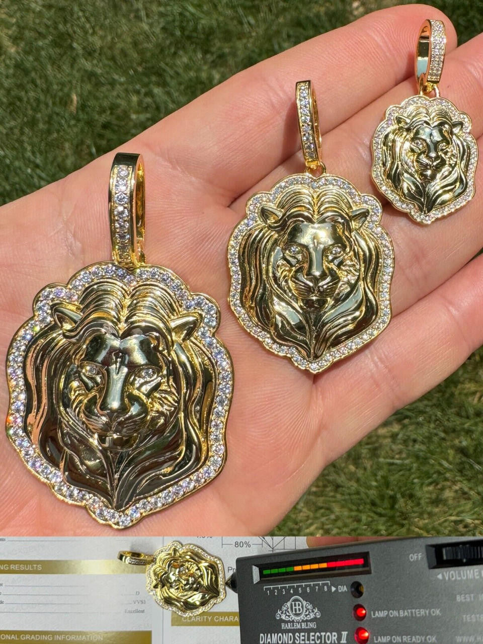 MOISSANITE Custom Lion Pendant - 14k Gold Vermeil 925 Silver - 3 Sizes 1.5"-2.5"