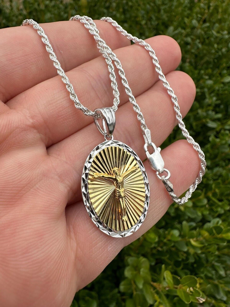 Jesus Medallion Diamond Cut Pendant - 925 Silver & 14k Gold Vermeil - Small 1.5"
