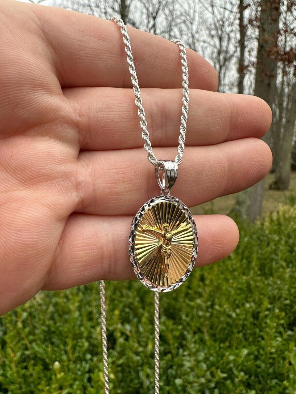 Jesus Medallion Diamond Cut Pendant - 925 Silver & 14k Gold Vermeil - Small 1.5"