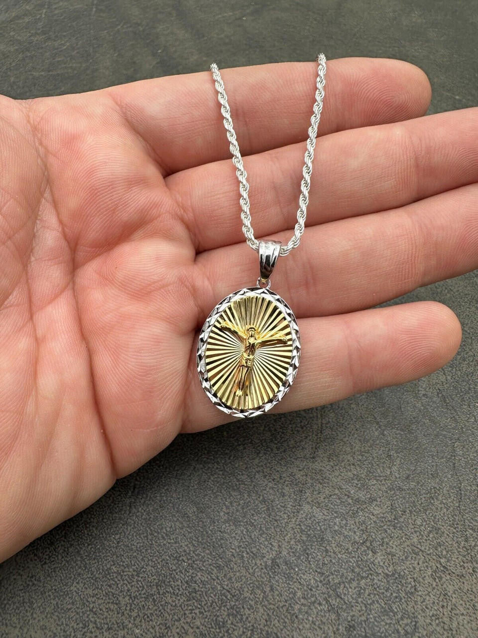 Jesus Medallion Diamond Cut Pendant - 925 Silver & 14k Gold Vermeil - Small 1.5"
