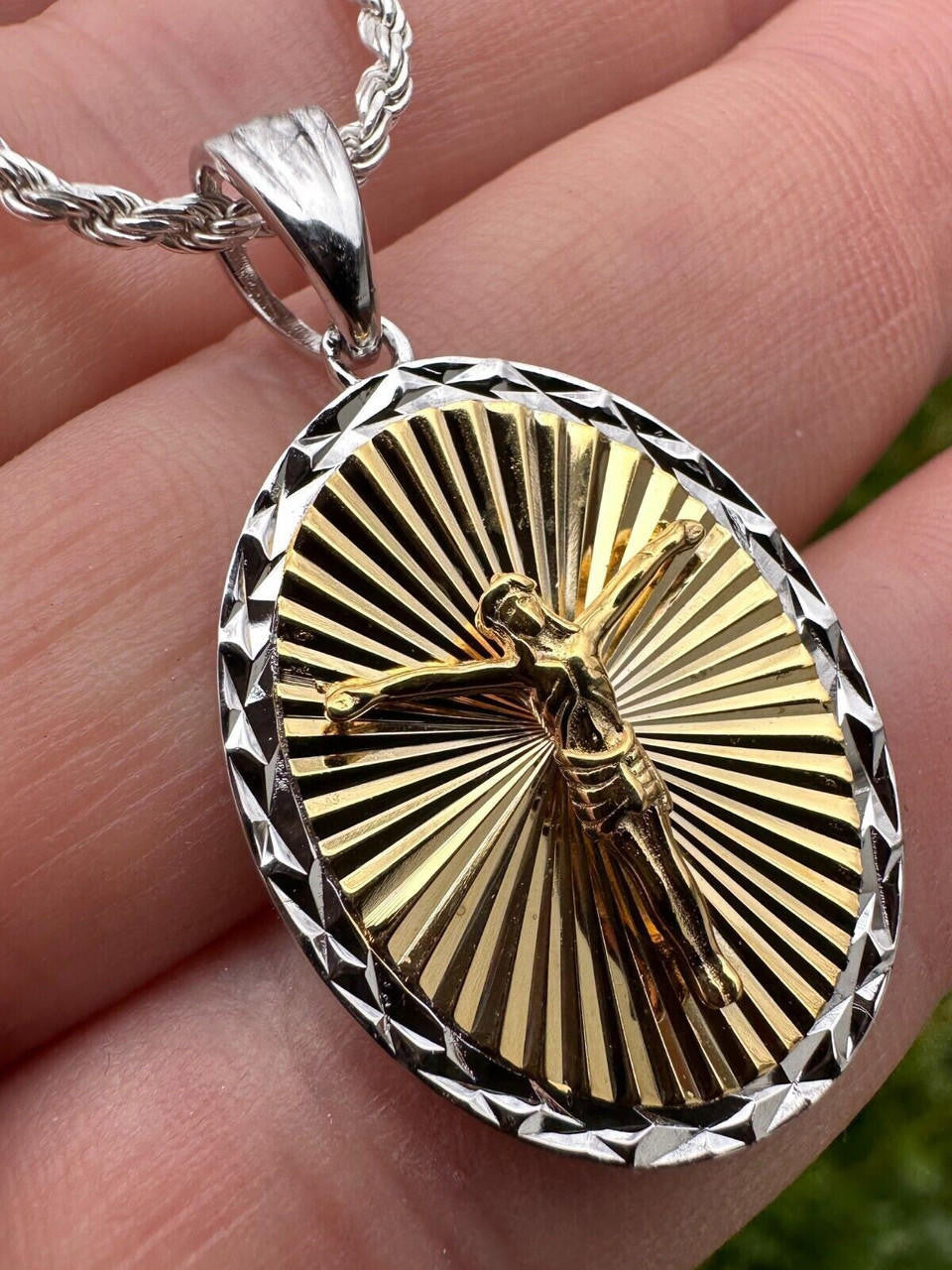 Jesus Medallion Diamond Cut Pendant - 925 Silver & 14k Gold Vermeil - Small 1.5"