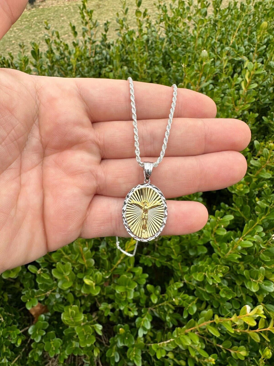 Jesus Medallion Diamond Cut Pendant - 925 Silver & 14k Gold Vermeil - Small 1.5"