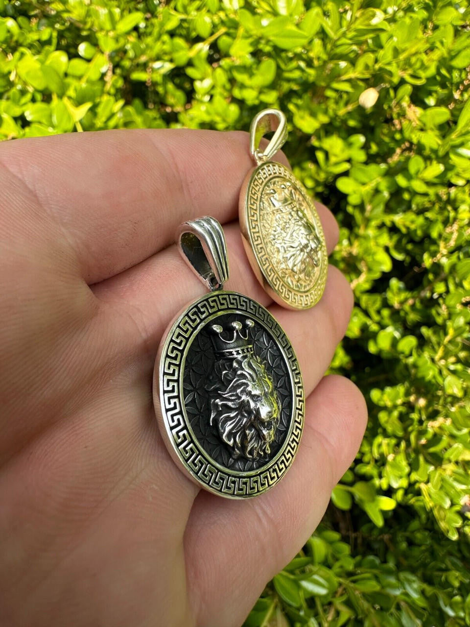 King Of Jungle Lion of Judah Medallion Pendant - 14k Gold Vermeil Or Oxidized 925 Silver - Small 1.5"