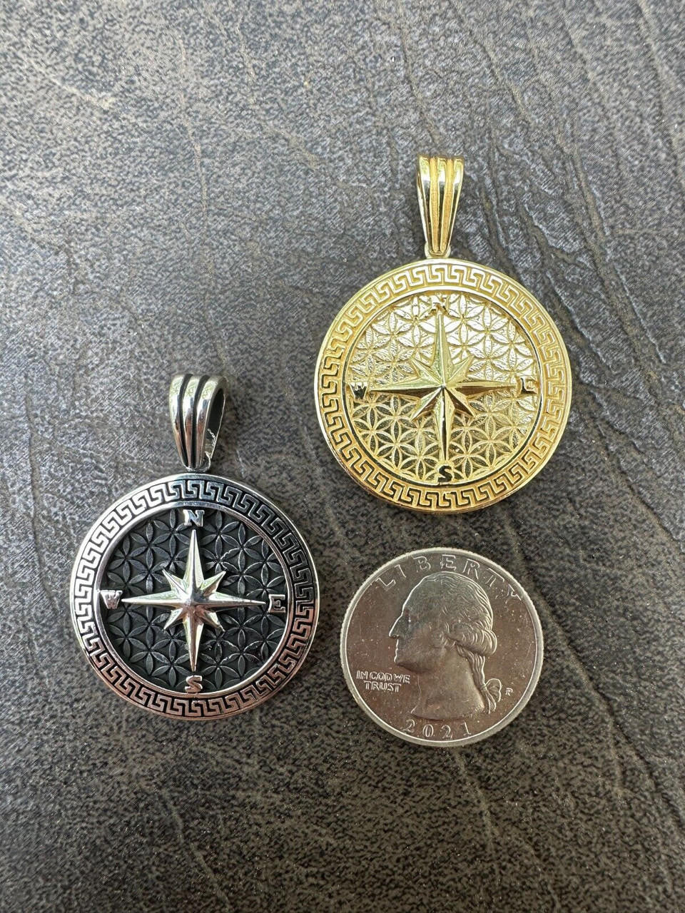 North Star Compass Medallion Vintage Pendant - 14k Gold Vermeil Or Oxidized 925 Silver - Small 1.5"