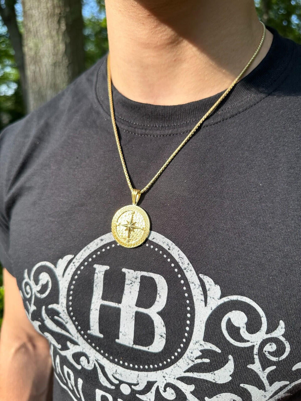 North Star Compass Medallion Vintage Pendant - 14k Gold Vermeil Or Oxidized 925 Silver - Small 1.5"