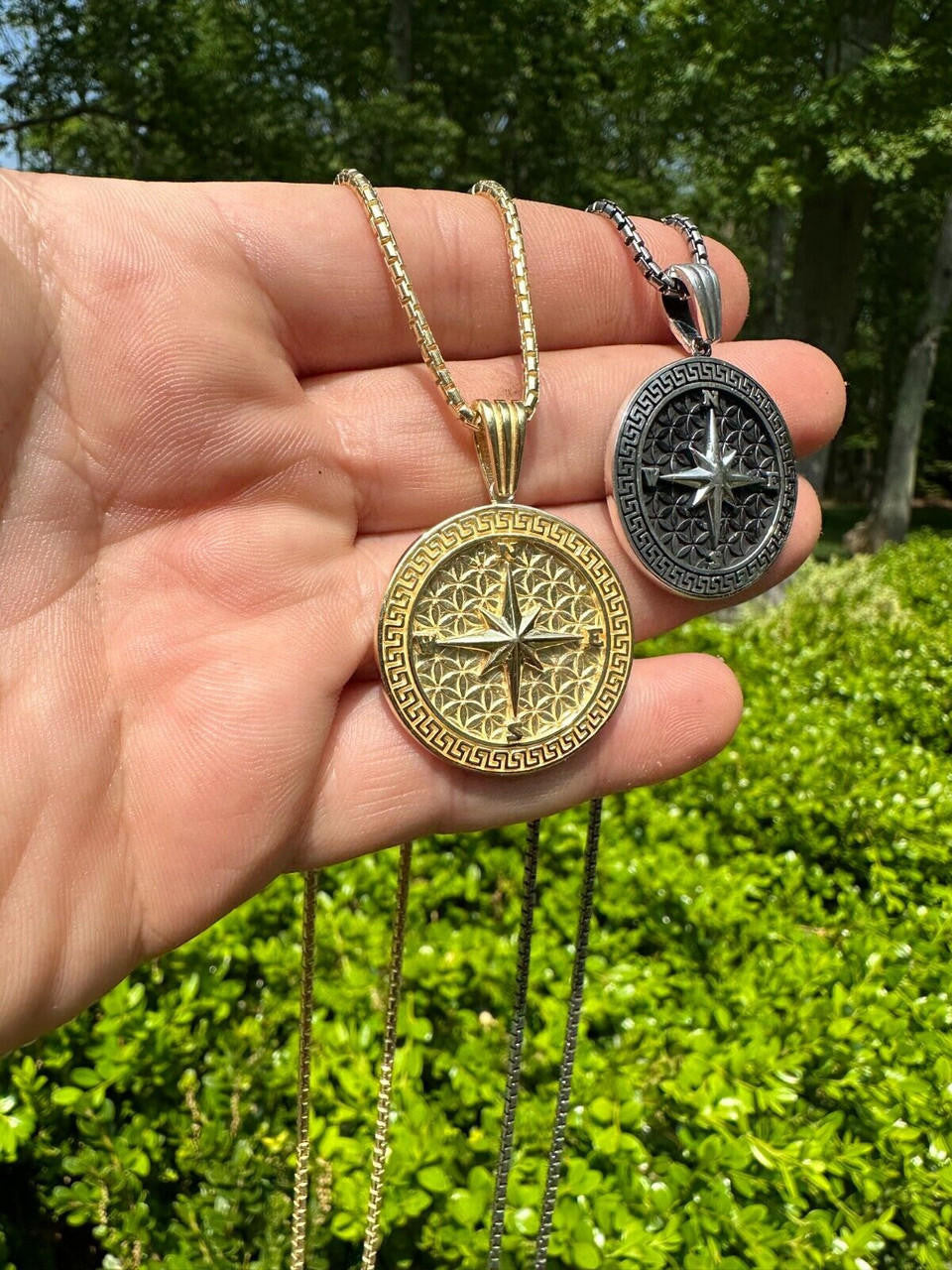 North Star Compass Medallion Vintage Pendant - 14k Gold Vermeil Or Oxidized 925 Silver - Small 1.5"