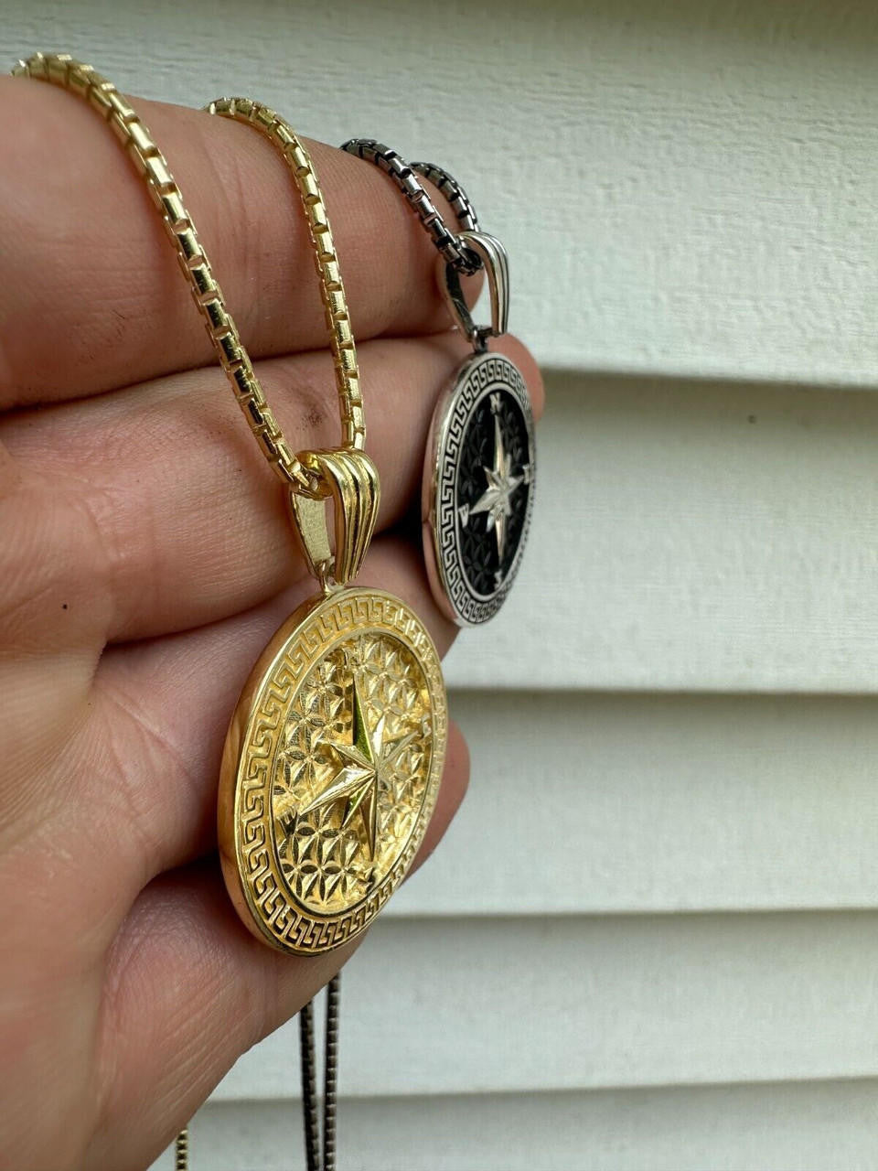 North Star Compass Medallion Vintage Pendant - 14k Gold Vermeil Or Oxidized 925 Silver - Small 1.5"
