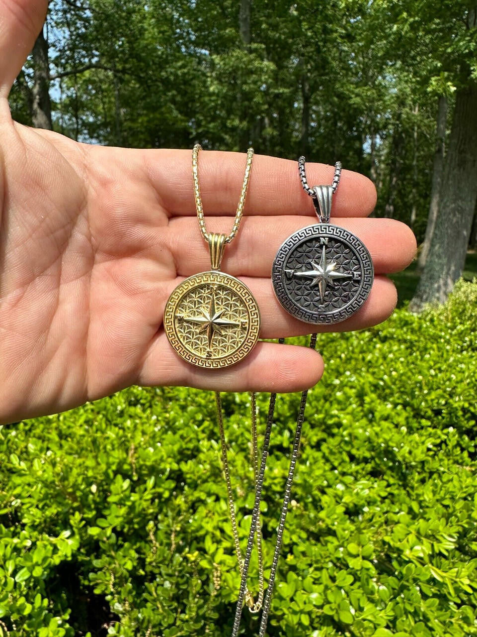 North Star Compass Medallion Vintage Pendant - 14k Gold Vermeil Or Oxidized 925 Silver - Small 1.5"