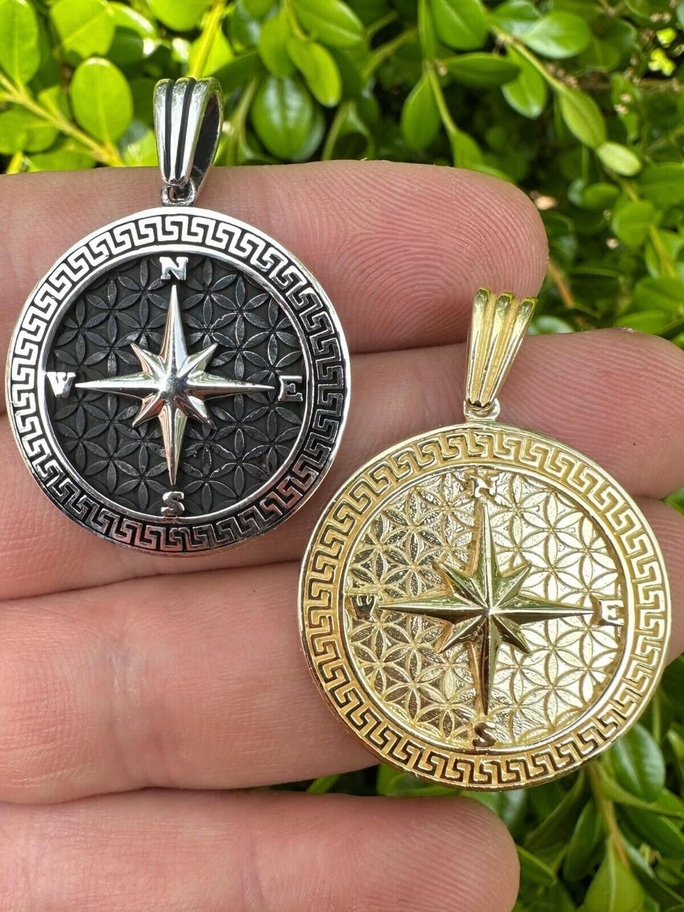 North Star Compass Medallion Vintage Pendant - 14k Gold Vermeil Or Oxidized 925 Silver - Small 1.5"