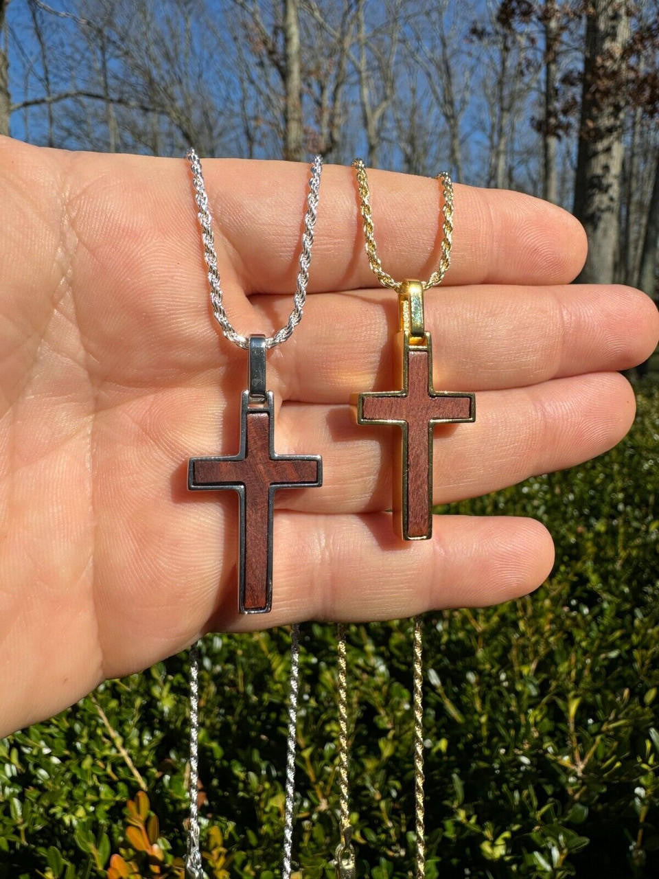 Wood Inlay Plain Religious Cross Pendant - 14k Gold Vermeil Or 925 Silver - Small 1.5"
