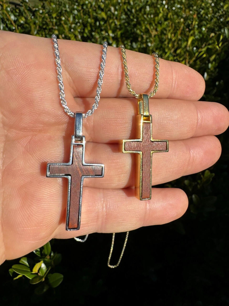 Wood Inlay Plain Religious Cross Pendant - 14k Gold Vermeil Or 925 Silver - Small 1.5"