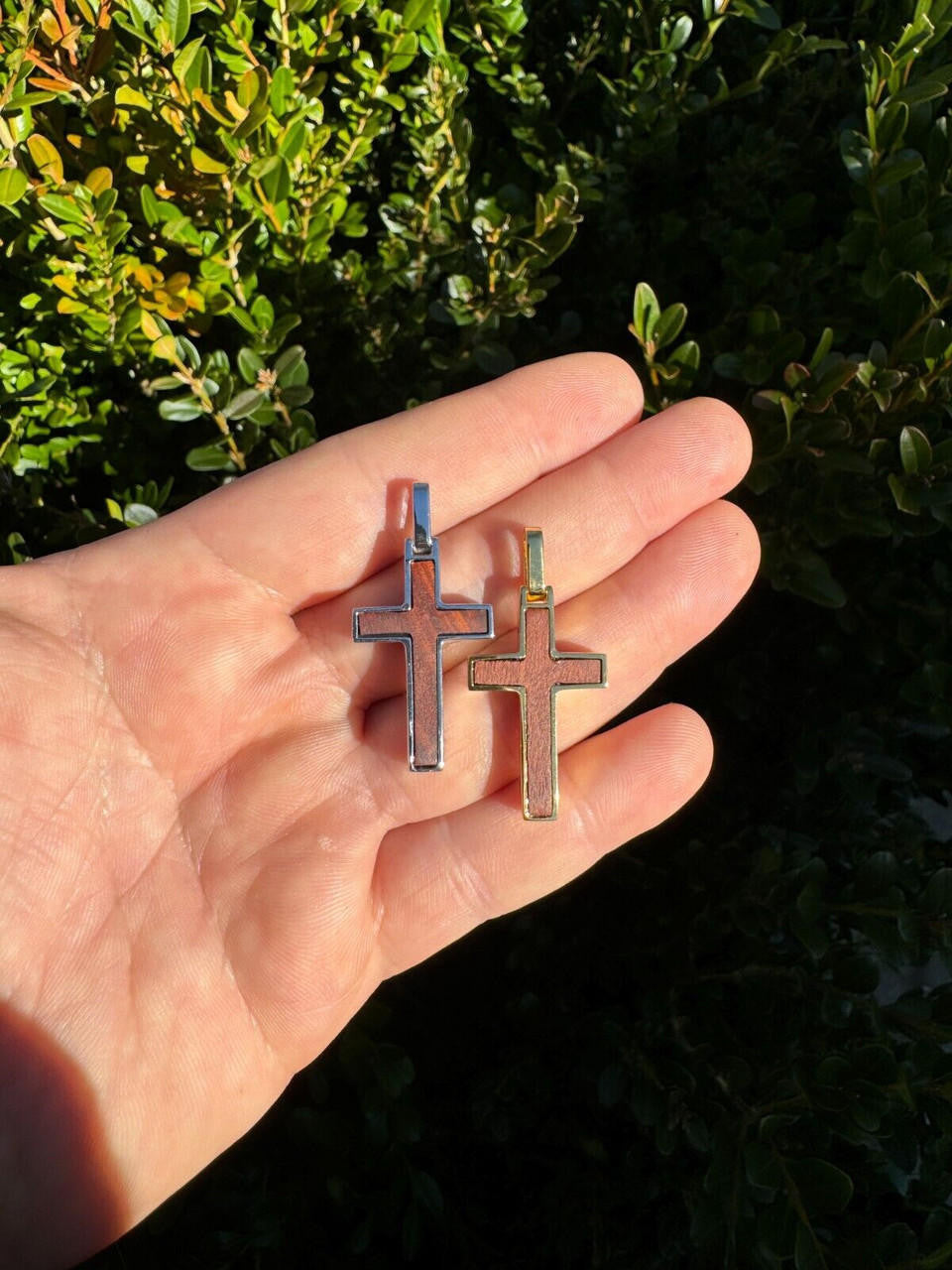 Wood Inlay Plain Religious Cross Pendant - 14k Gold Vermeil Or 925 Silver - Small 1.5"