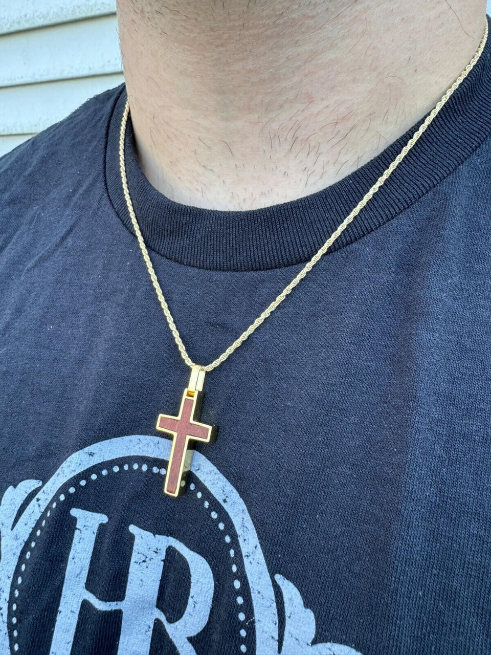 Wood Inlay Plain Religious Cross Pendant - 14k Gold Vermeil Or 925 Silver - Small 1.5"