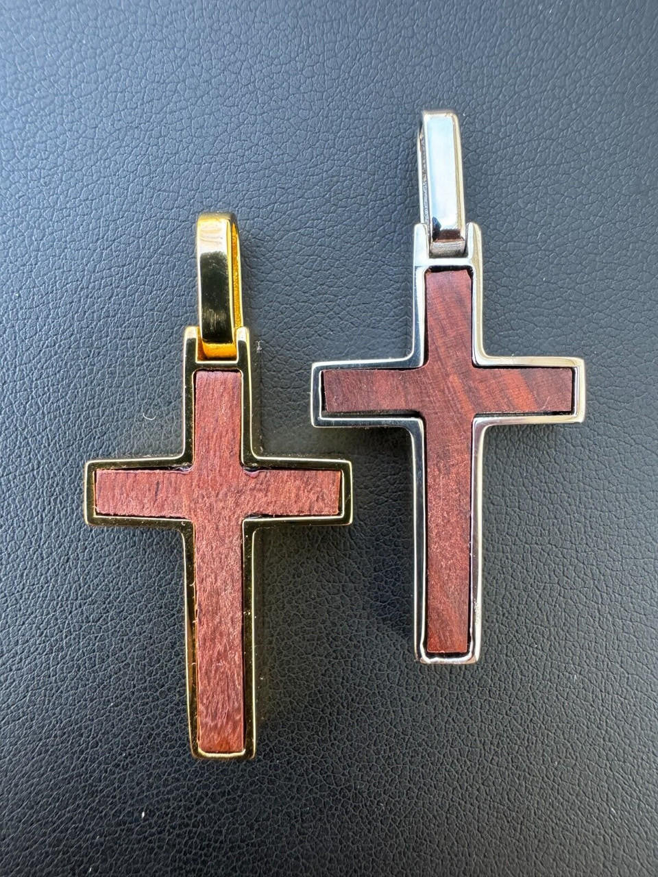 Wood Inlay Plain Religious Cross Pendant - 14k Gold Vermeil Or 925 Silver - Small 1.5"
