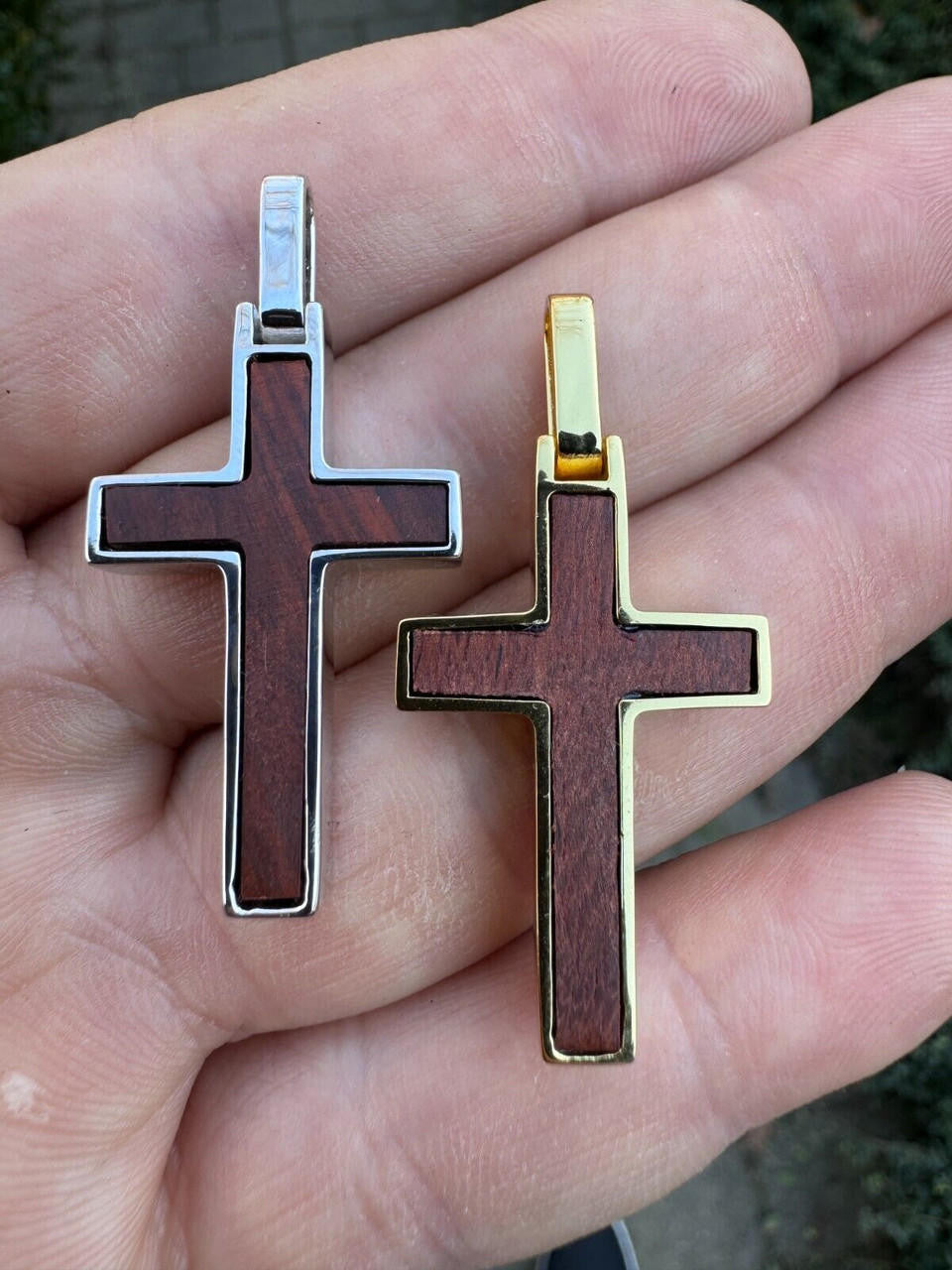Wood Inlay Plain Religious Cross Pendant - 14k Gold Vermeil Or 925 Silver - Small 1.5"