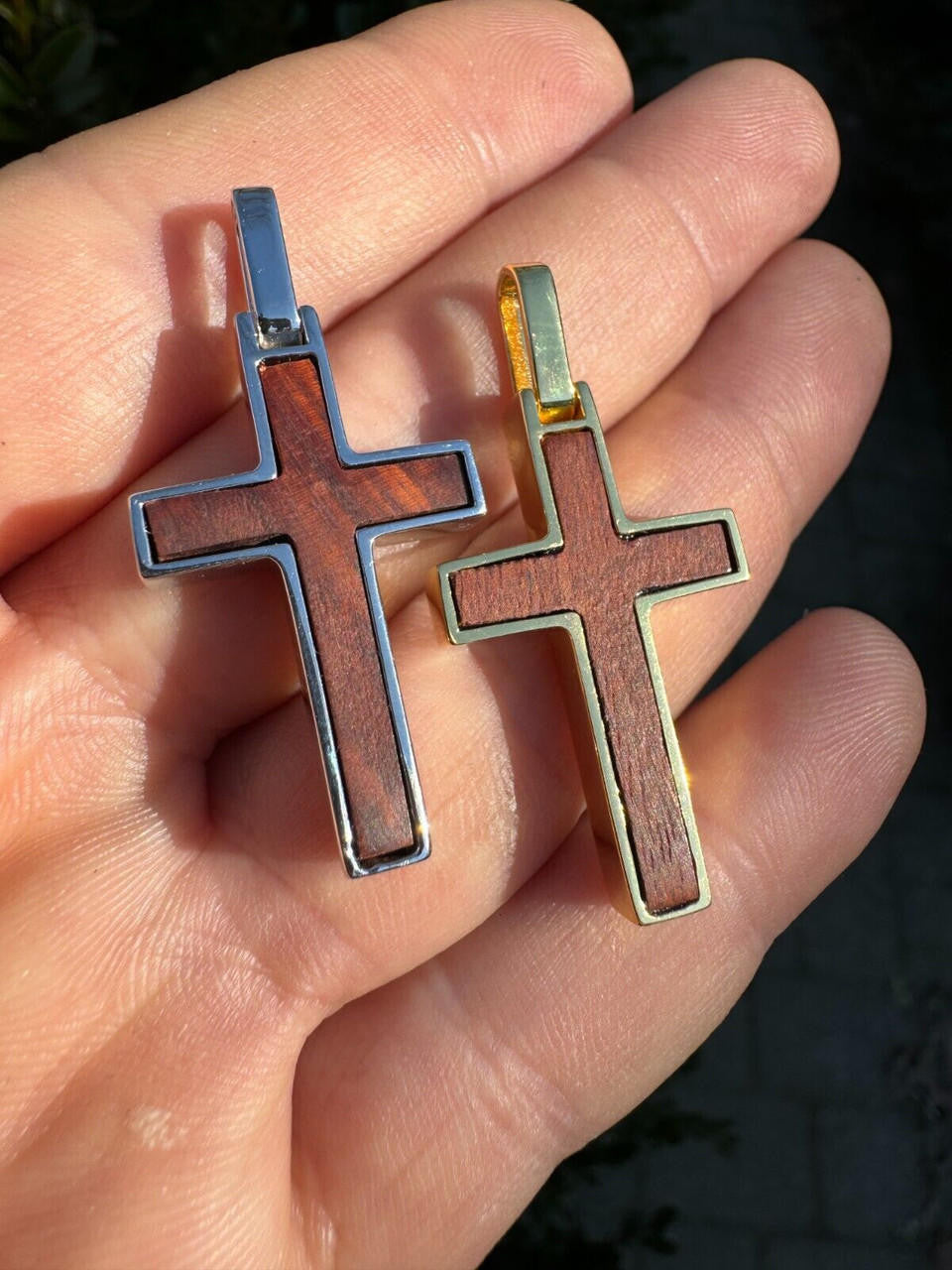 Wood Inlay Plain Religious Cross Pendant - 14k Gold Vermeil Or 925 Silver - Small 1.5"