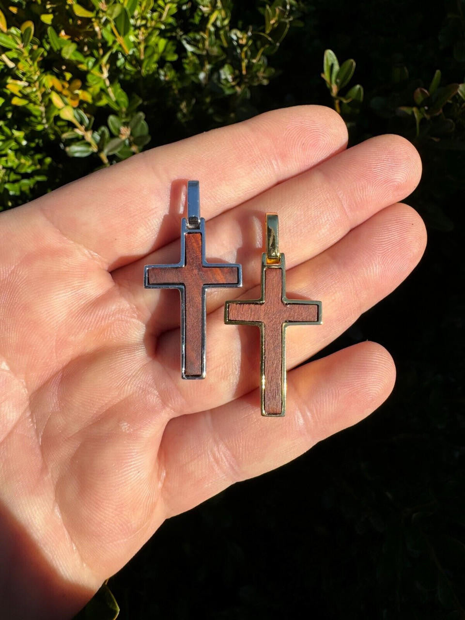 Wood Inlay Plain Religious Cross Pendant - 14k Gold Vermeil Or 925 Silver - Small 1.5"