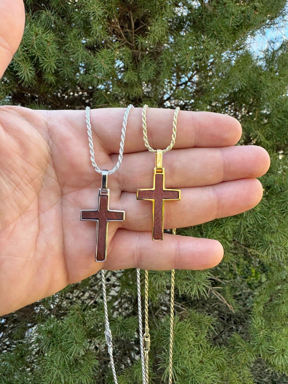 Wood Inlay Plain Religious Cross Pendant - 14k Gold Vermeil Or 925 Silver - Small 1.5"