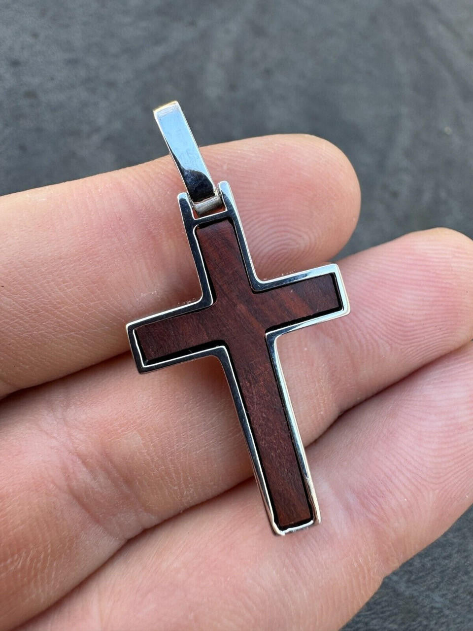 Wood Inlay Plain Religious Cross Pendant - 14k Gold Vermeil Or 925 Silver - Small 1.5"