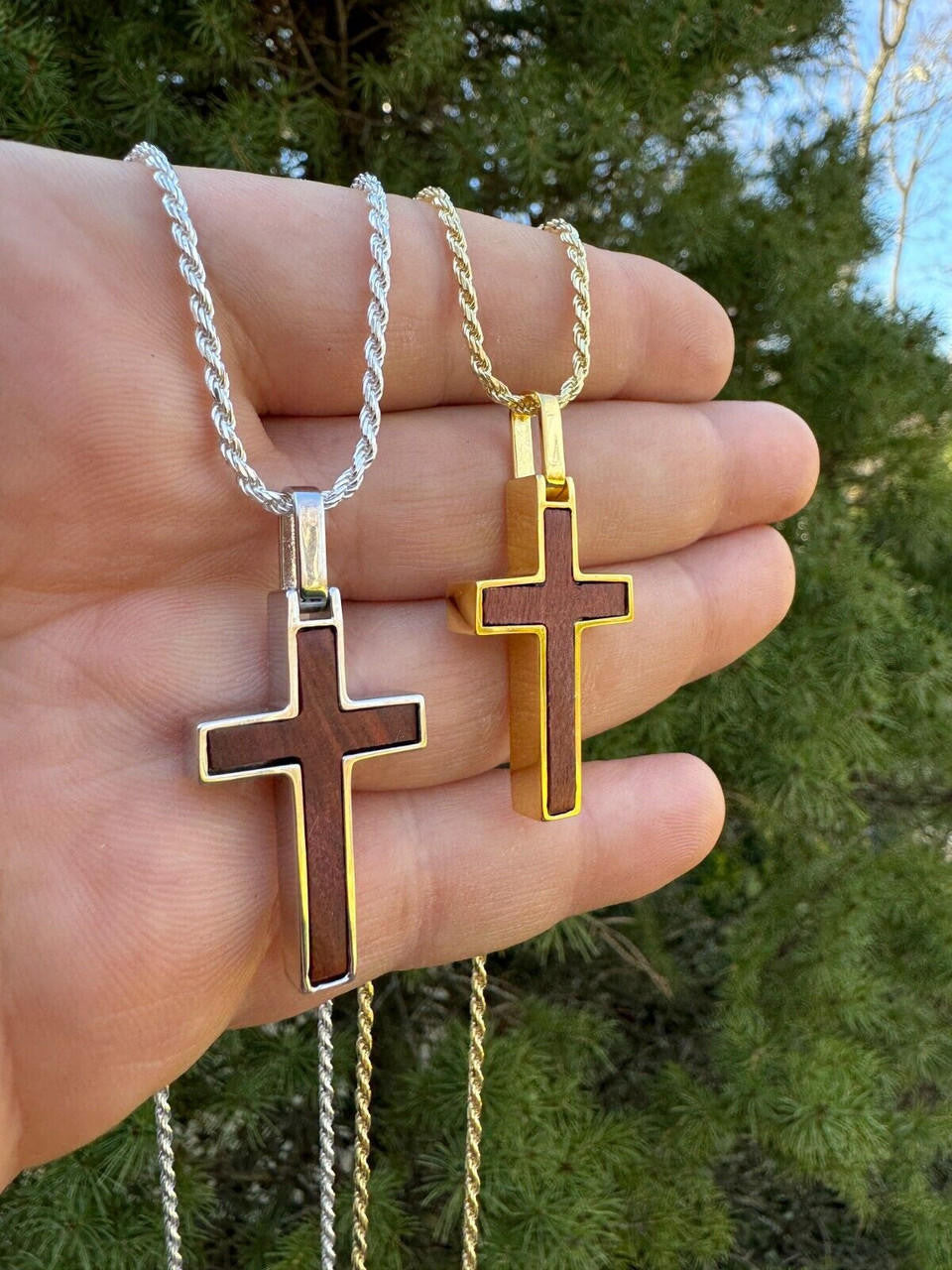 Wood Inlay Plain Religious Cross Pendant - 14k Gold Vermeil Or 925 Silver - Small 1.5"