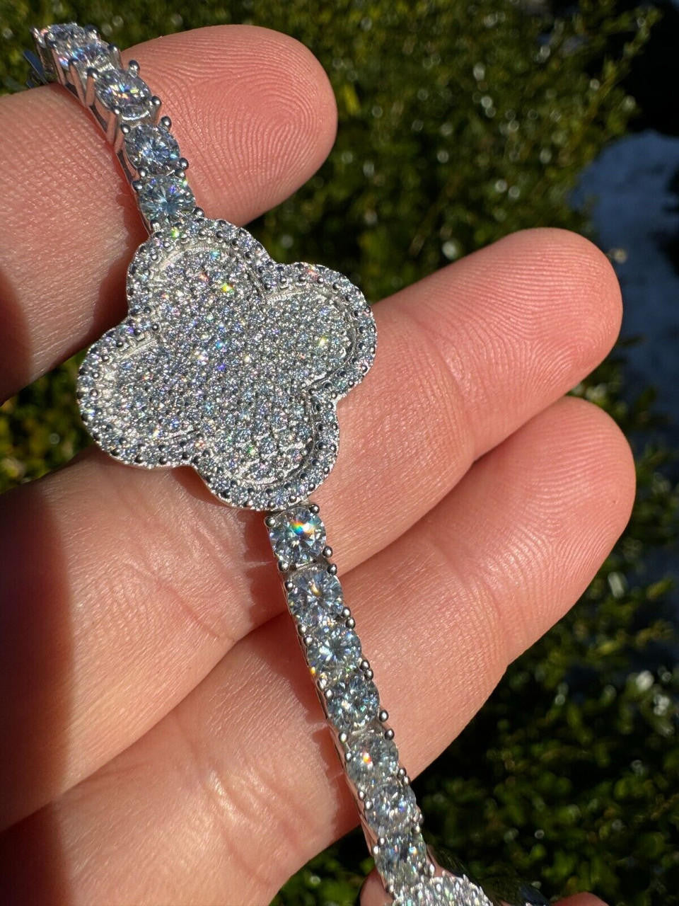 MOISSANITE Large Clover Tennis Bracelet Iced Out - 925 Silver - 4mm - 6"-8.5"