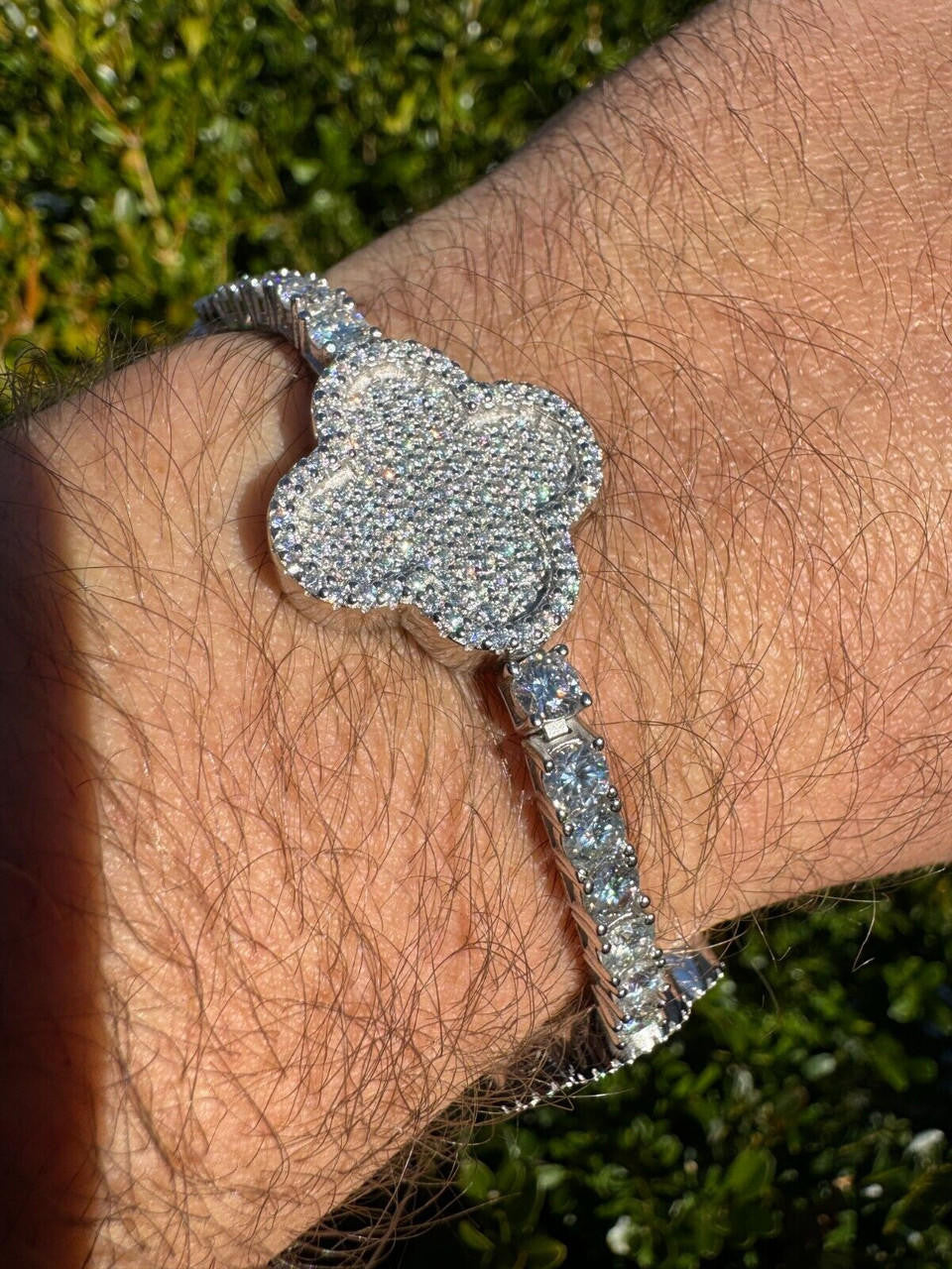 MOISSANITE Large Clover Tennis Bracelet Iced Out - 925 Silver - 4mm - 6"-8.5"