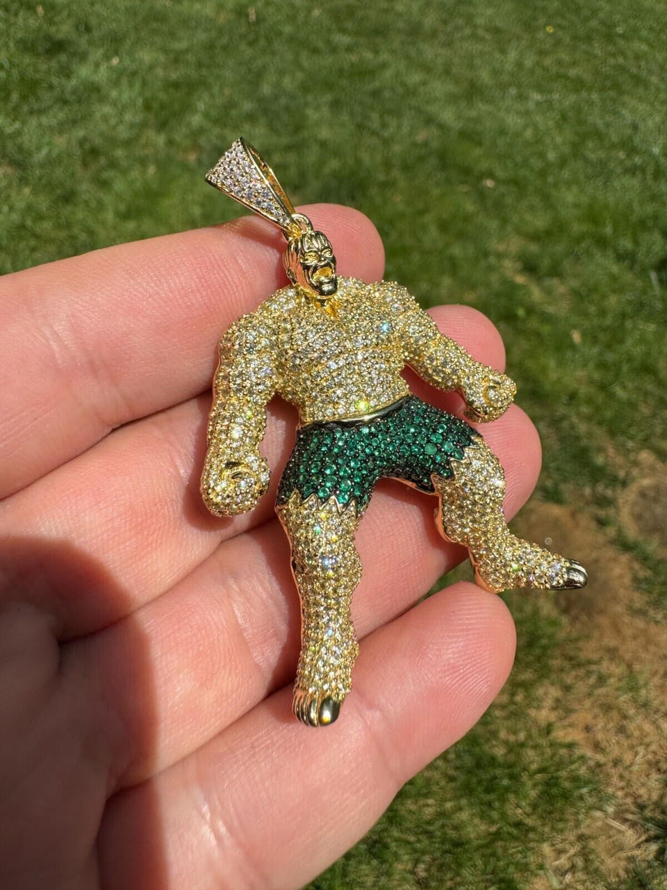 Hulk SMASH Superhero Icy Pendant - 14k Gold Vermeil Or 925 Silver - CZ Stones - Medium 2"