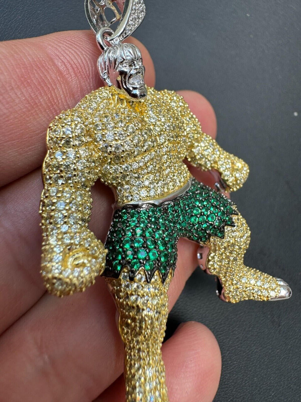 Hulk SMASH Superhero Icy Pendant - 14k Gold Vermeil Or 925 Silver - CZ Stones - Medium 2"