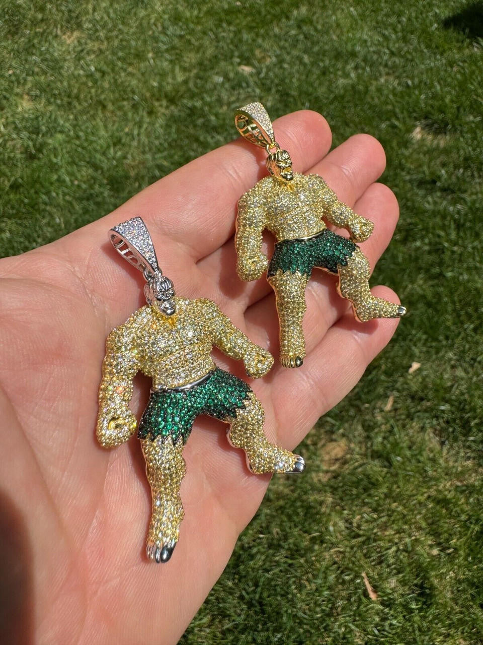 Hulk SMASH Superhero Icy Pendant - 14k Gold Vermeil Or 925 Silver - CZ Stones - Medium 2"