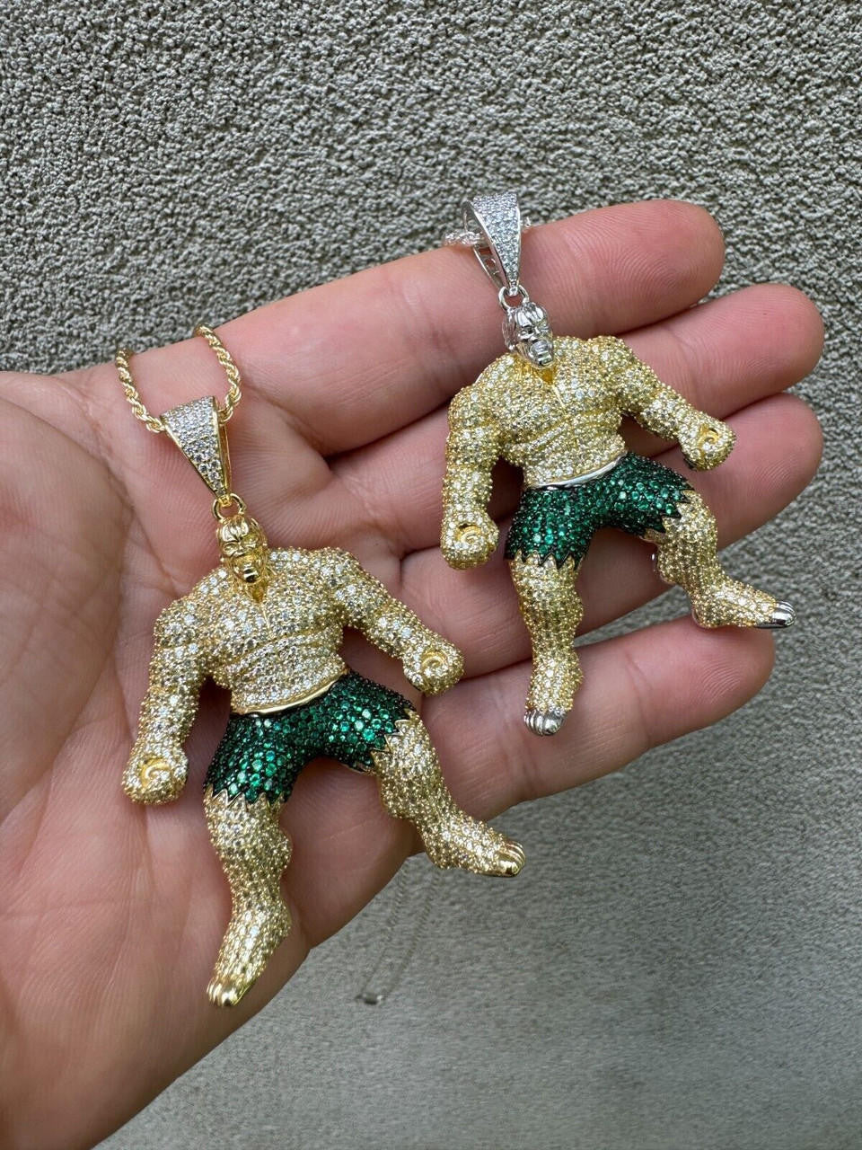 Hulk SMASH Superhero Icy Pendant - 14k Gold Vermeil Or 925 Silver - CZ Stones - Medium 2"