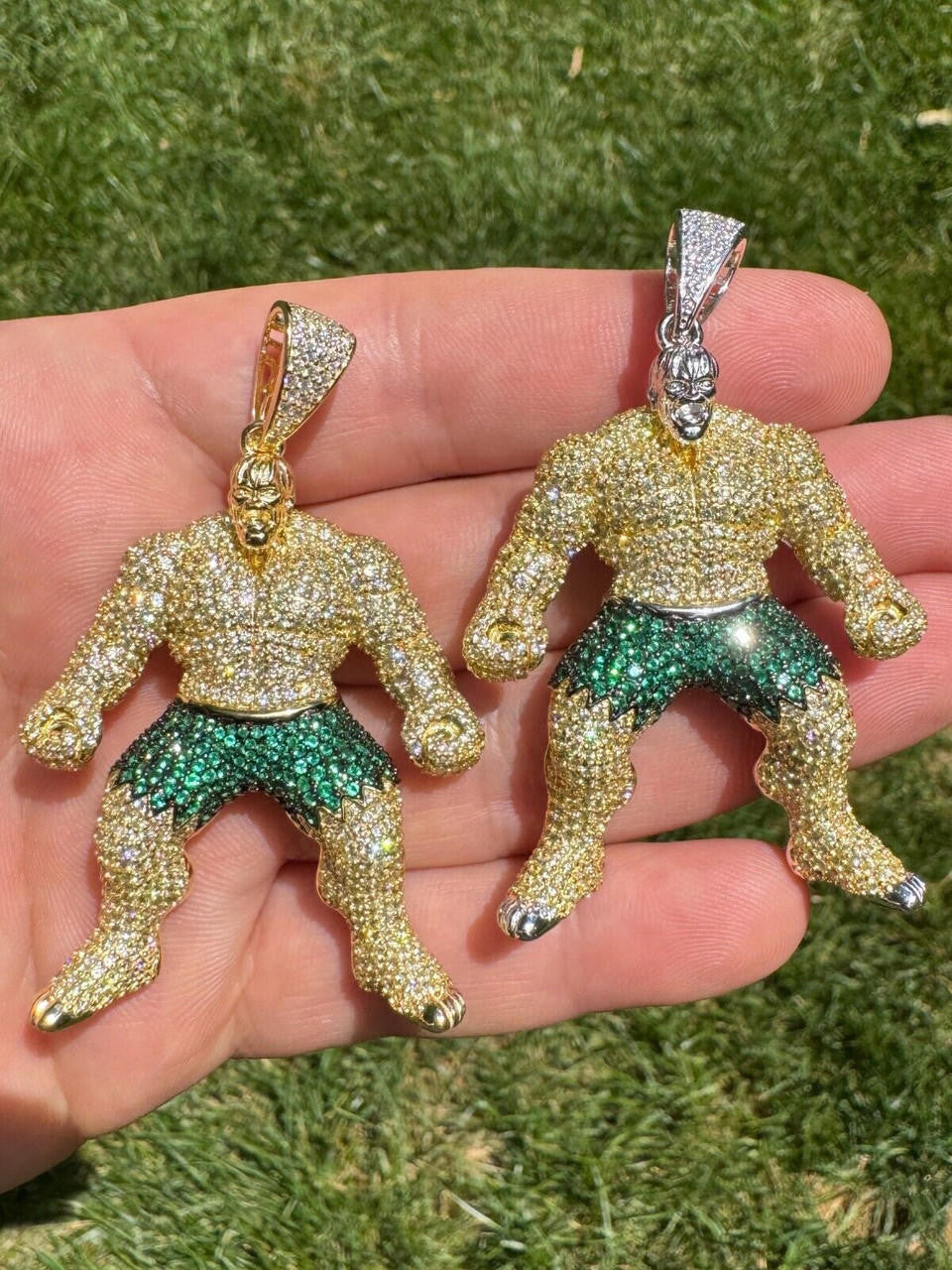 Hulk SMASH Superhero Icy Pendant - 14k Gold Vermeil Or 925 Silver - CZ Stones - Medium 2"
