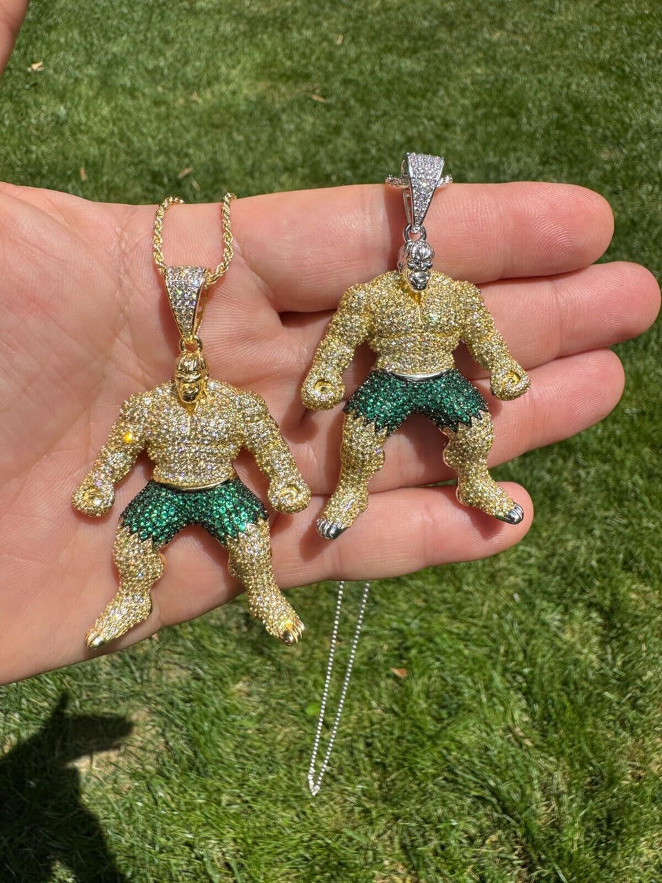Hulk SMASH Superhero Icy Pendant - 14k Gold Vermeil Or 925 Silver - CZ Stones - Medium 2"