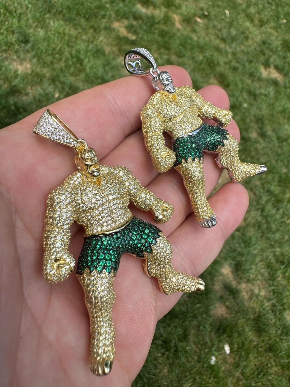 Hulk SMASH Superhero Icy Pendant - 14k Gold Vermeil Or 925 Silver - CZ Stones - Medium 2"