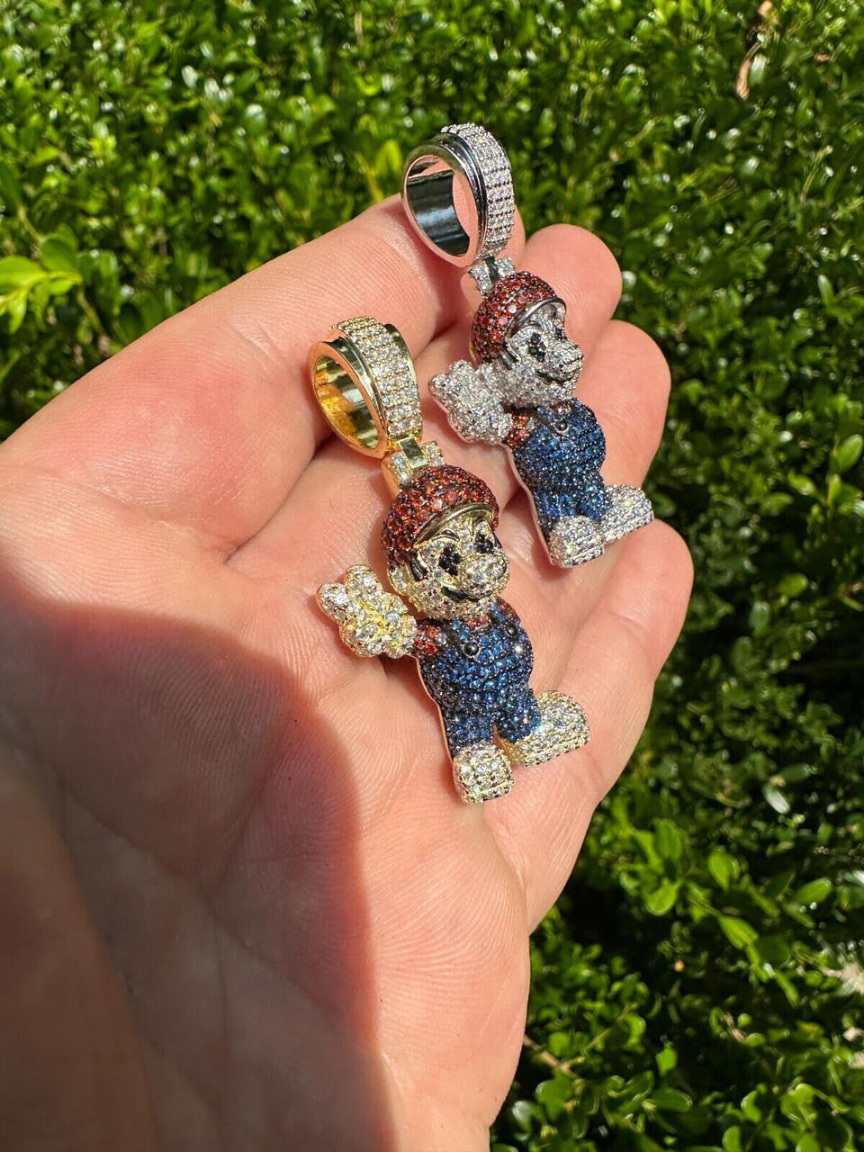 Super Mario Bros Iced Out Pendant - 14k Gold Vermeil Or 925 Silver - CZ Stones - Medium 2"