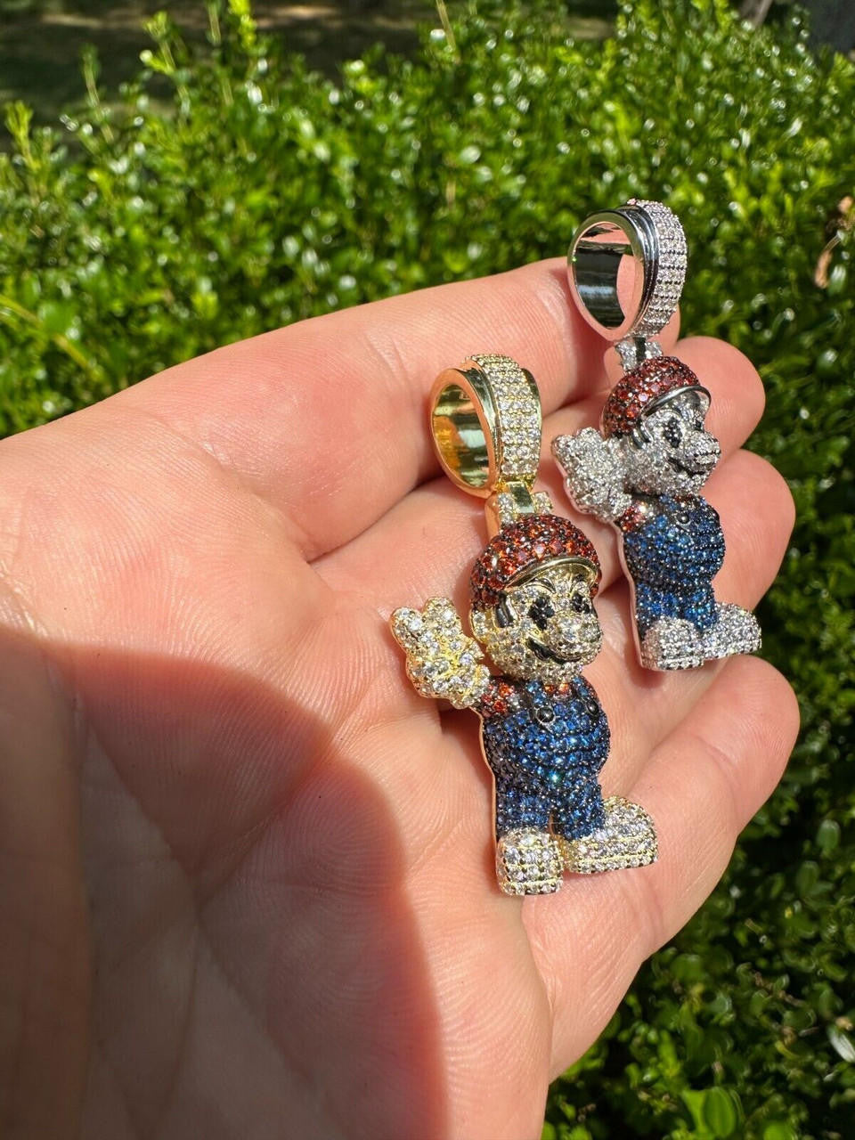 Super Mario Bros Iced Out Pendant - 14k Gold Vermeil Or 925 Silver - CZ Stones - Medium 2"