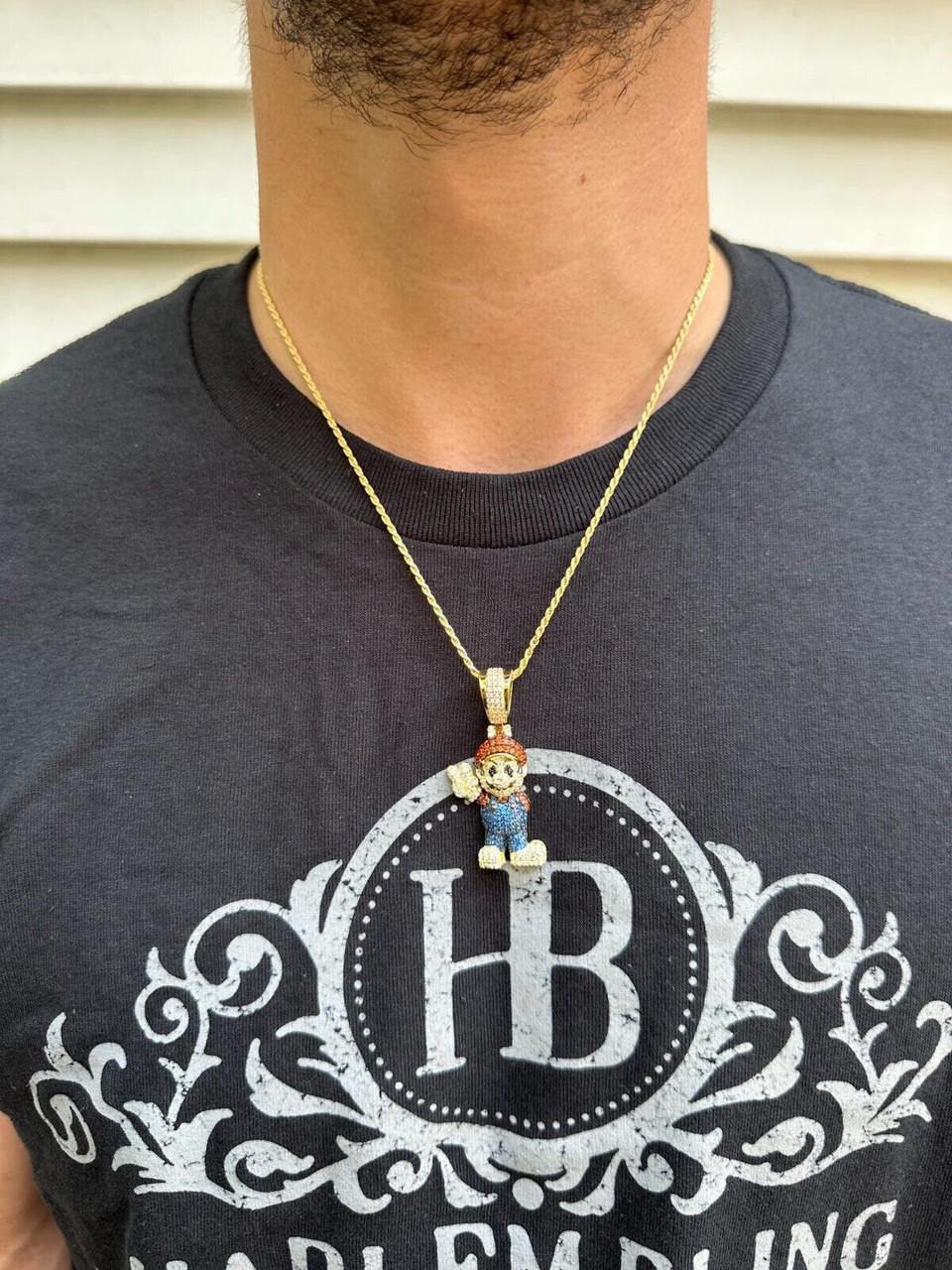 Super Mario Bros Iced Out Pendant - 14k Gold Vermeil Or 925 Silver - CZ Stones - Medium 2"