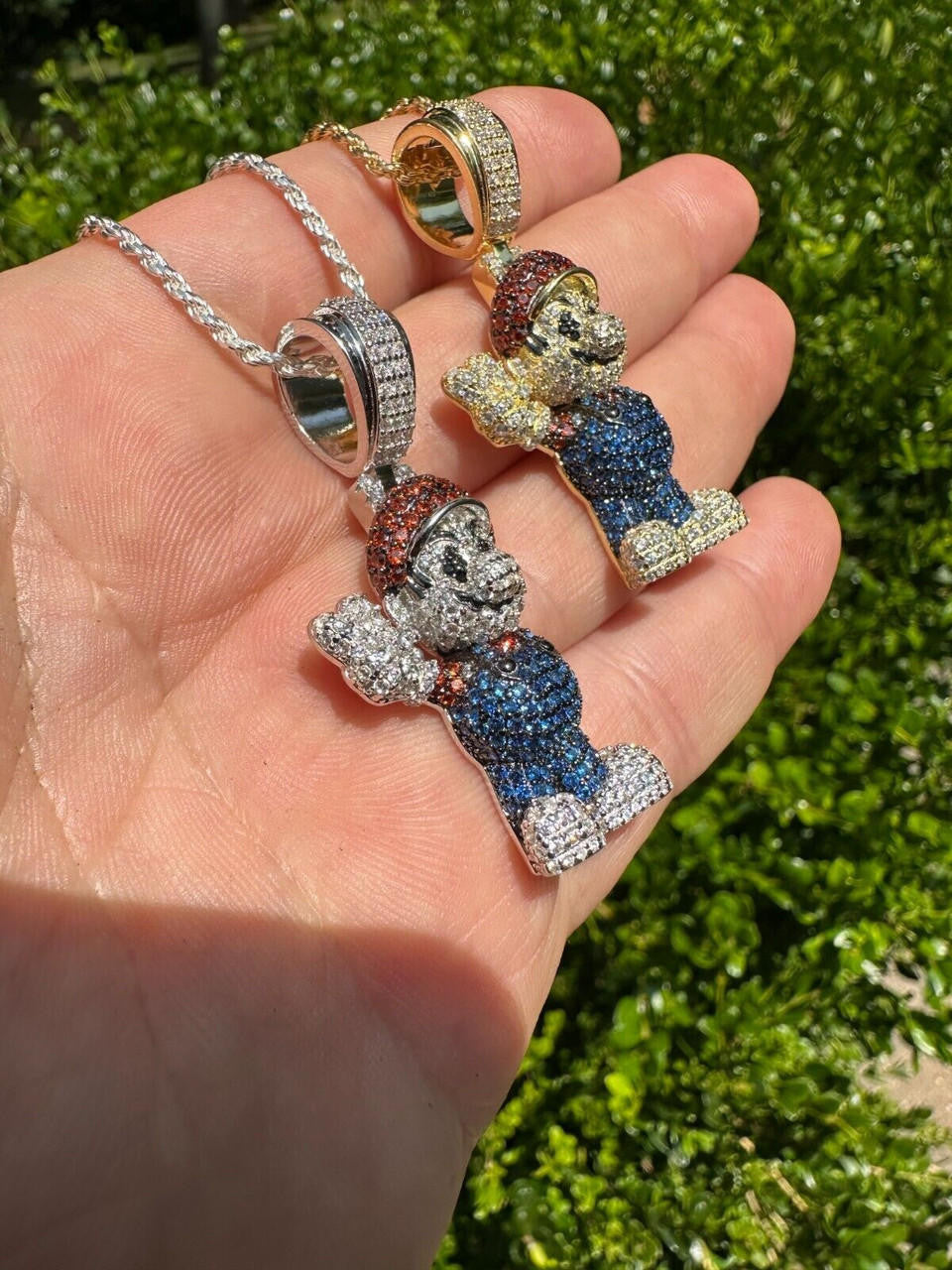 Super Mario Bros Iced Out Pendant - 14k Gold Vermeil Or 925 Silver - CZ Stones - Medium 2"