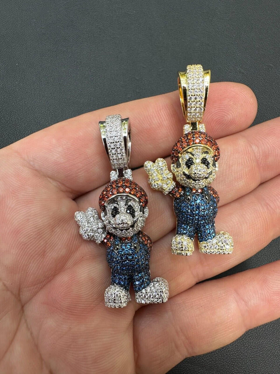 Super Mario Bros Iced Out Pendant - 14k Gold Vermeil Or 925 Silver - CZ Stones - Medium 2"
