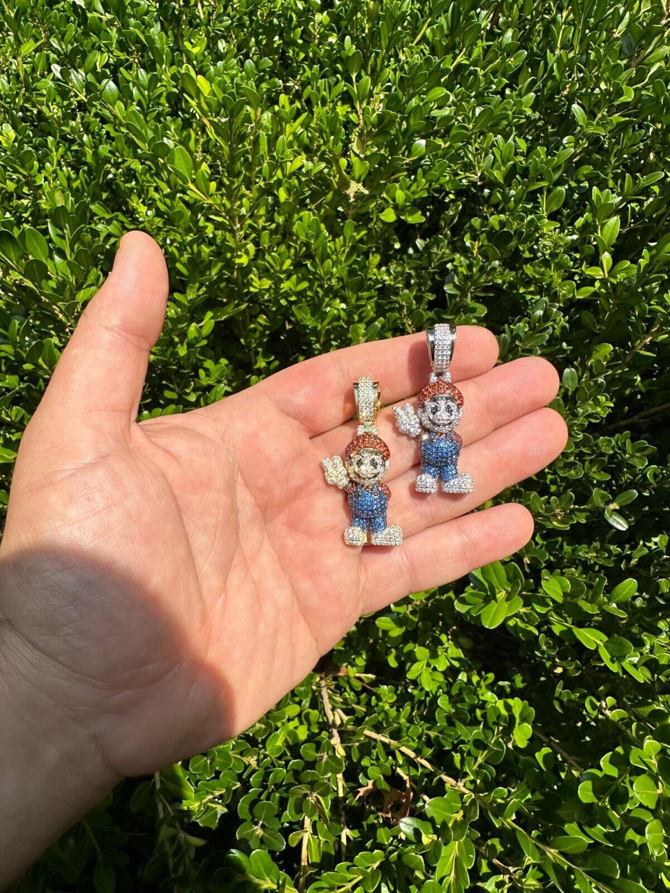 Super Mario Bros Iced Out Pendant - 14k Gold Vermeil Or 925 Silver - CZ Stones - Medium 2"