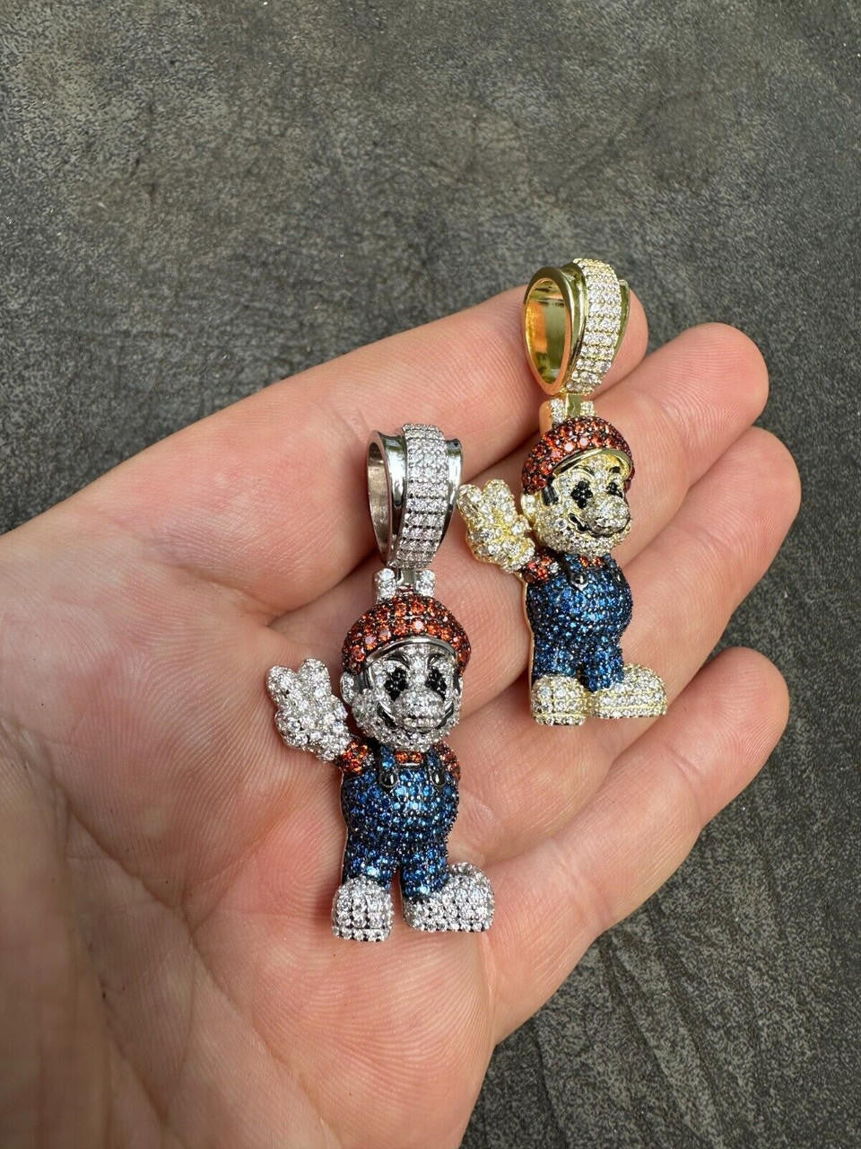 Super Mario Bros Iced Out Pendant - 14k Gold Vermeil Or 925 Silver - CZ Stones - Medium 2"