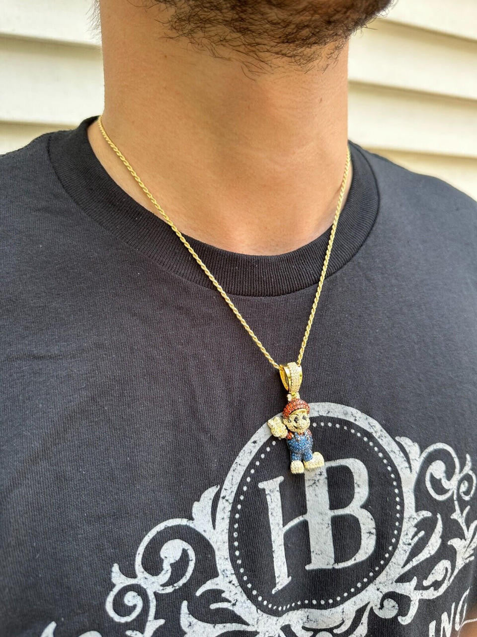 Super Mario Bros Iced Out Pendant - 14k Gold Vermeil Or 925 Silver - CZ Stones - Medium 2"