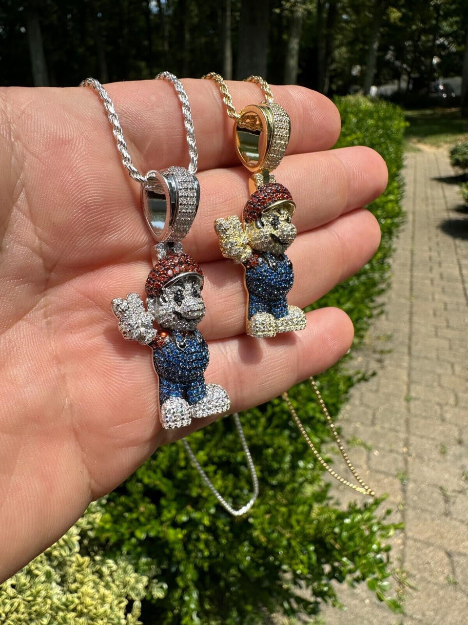 Super Mario Bros Iced Out Pendant - 14k Gold Vermeil Or 925 Silver - CZ Stones - Medium 2"